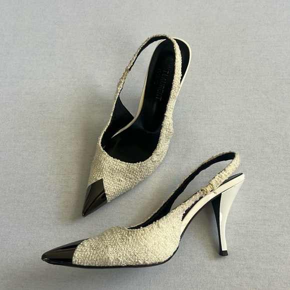 Saint Laurent Vesper Tweed Ivory Slingback Heels with Metal Cap Toe Size 37 - Picture 1 of 5